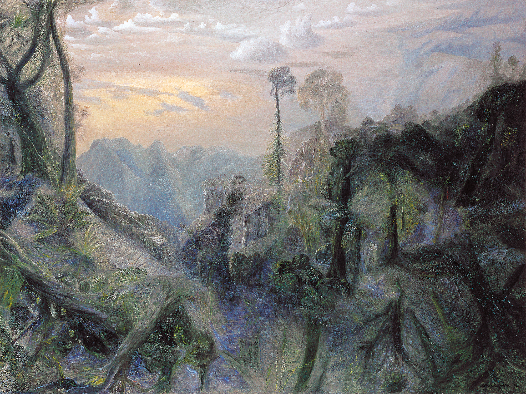 Painting of a mountainous landscape covered in lush rainforest